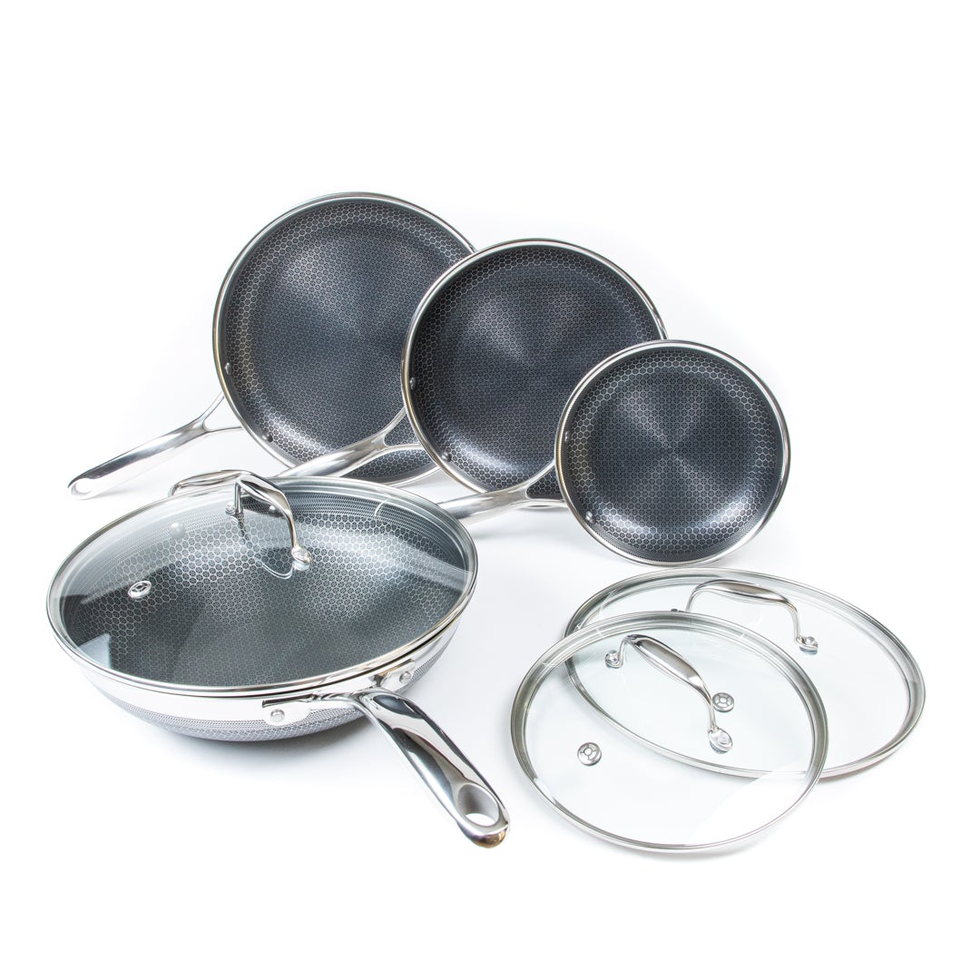 HexClad 7-Piece Hybrid Stainless Steel Cookware Set with Lids and Wok