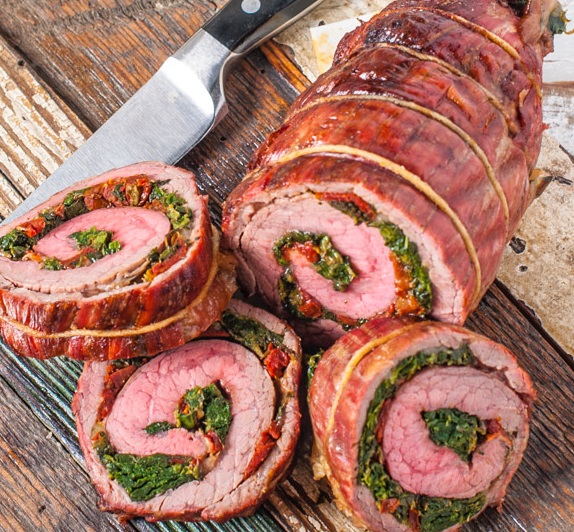 Steak Pinwheels with Sun-Dried Tomato Stuffing and Rosemary Mashed Potatoes by Sandra Lee